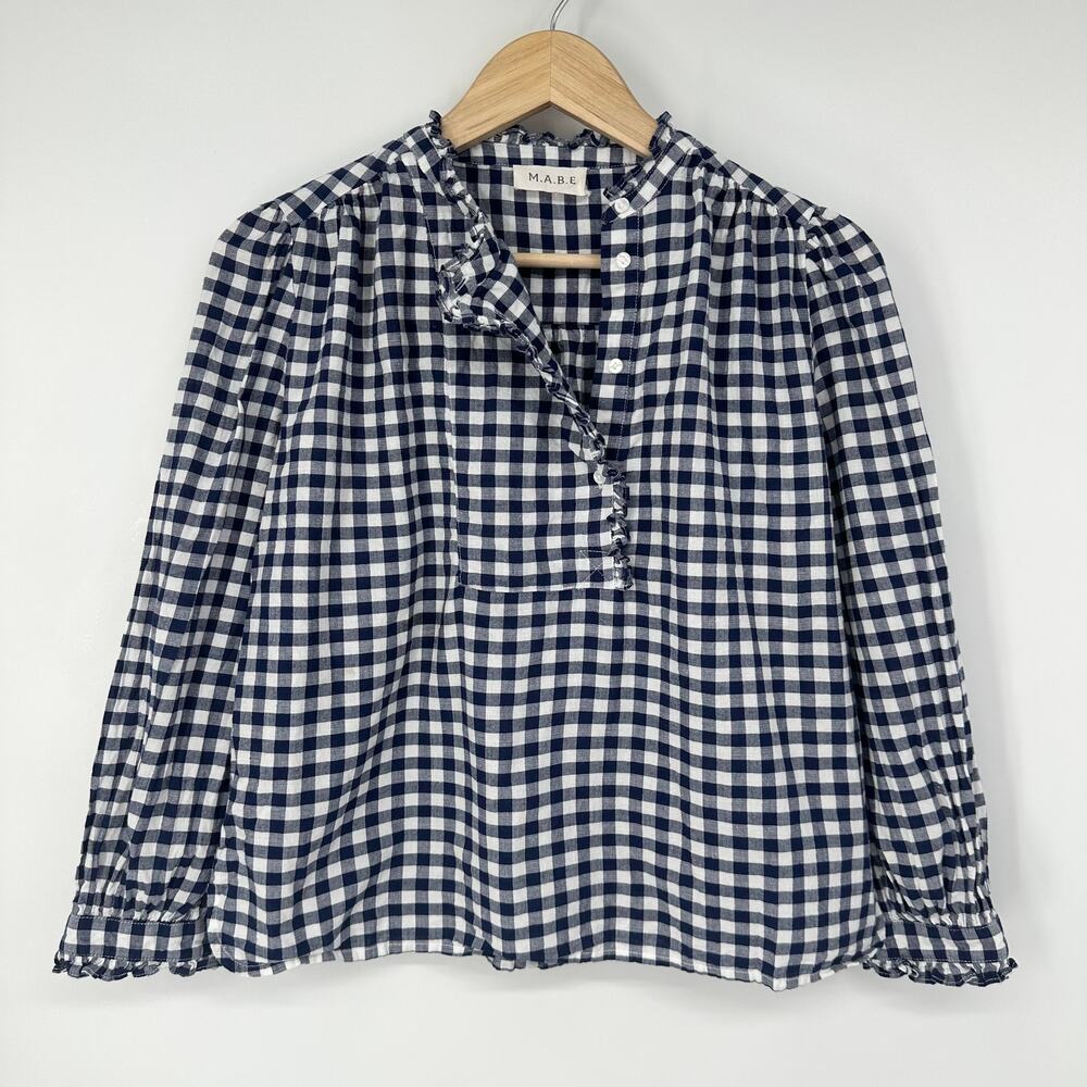 Navy and White Gingham Ruffle-Trim Blouse - Picture 2 of 11